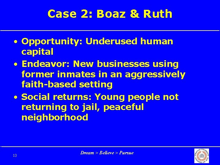 Case 2: Boaz & Ruth • Opportunity: Underused human capital • Endeavor: New businesses