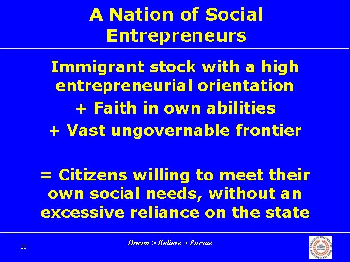 A Nation of Social Entrepreneurs Immigrant stock with a high entrepreneurial orientation + Faith