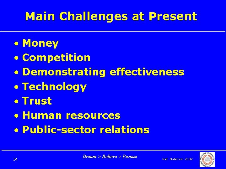 Main Challenges at Present • Money • Competition • Demonstrating effectiveness • Technology •