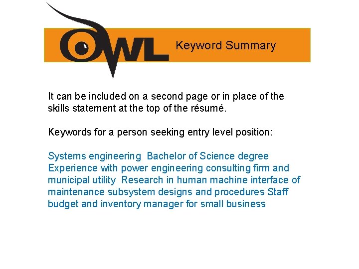 Keyword Summary It can be included on a second page or in place of