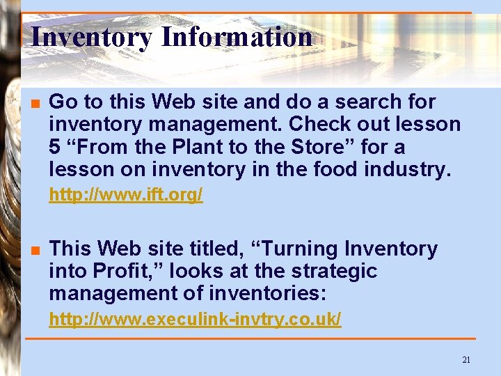 Inventory Information n Go to this Web site and do a search for inventory