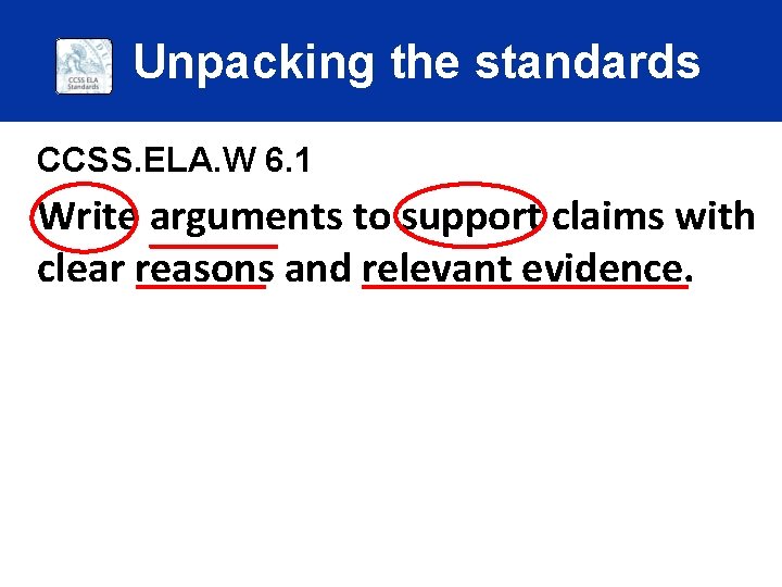 Unpacking the standards CCSS. ELA. W 6. 1 Write arguments to support claims with