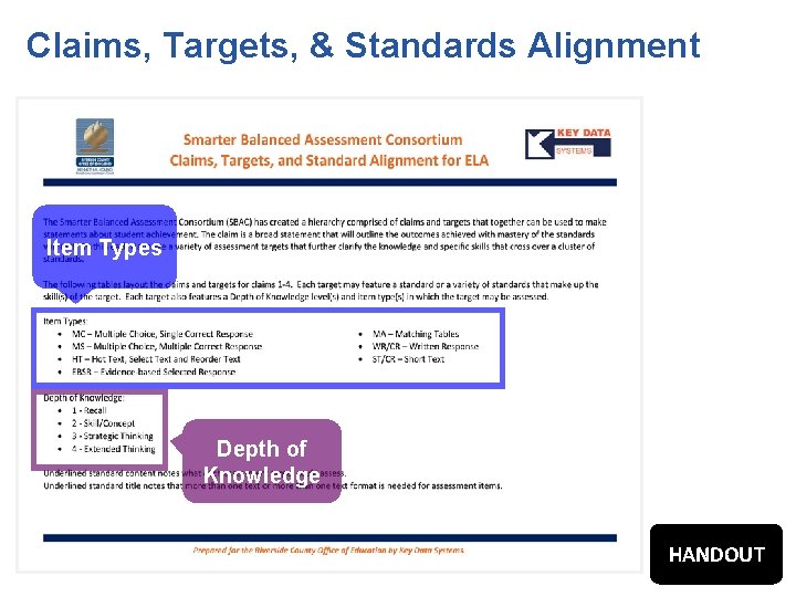 Claims, Targets, & Standards Alignment Item Types Depth of Knowledge HANDOUT 