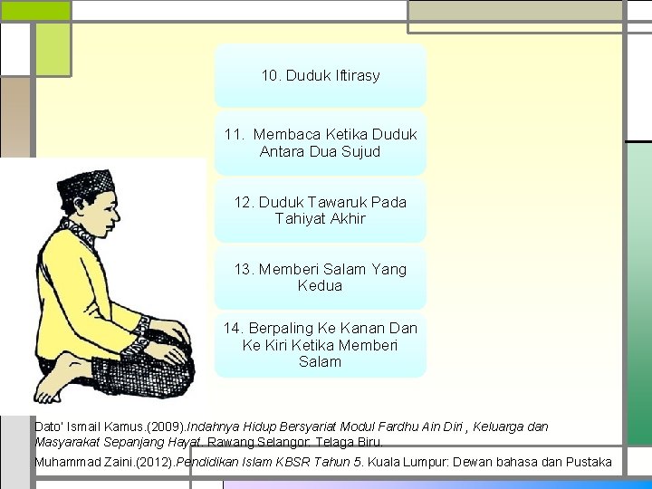 10. Duduk Iftirasy 11. Membaca Ketika Duduk Antara Dua Sujud 12. Duduk Tawaruk Pada