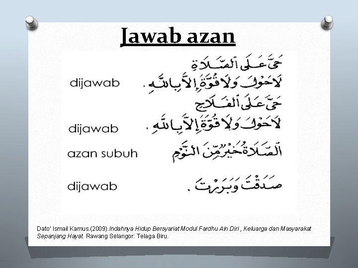 Jawab azan Dato’ Ismail Kamus. (2009). Indahnya Hidup Bersyariat Modul Fardhu Ain Diri ,