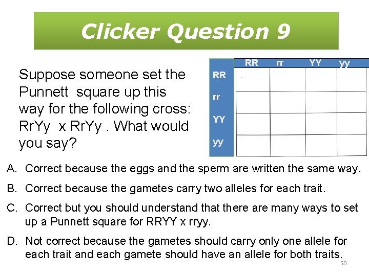 Clicker Question 9 Suppose someone set the Punnett square up this way for the