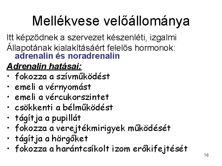 Mellékvese velőállománya Itt képződnek a szervezet készenléti, izgalmi Állapotának kialakításáért felelős hormonok: adrenalin és