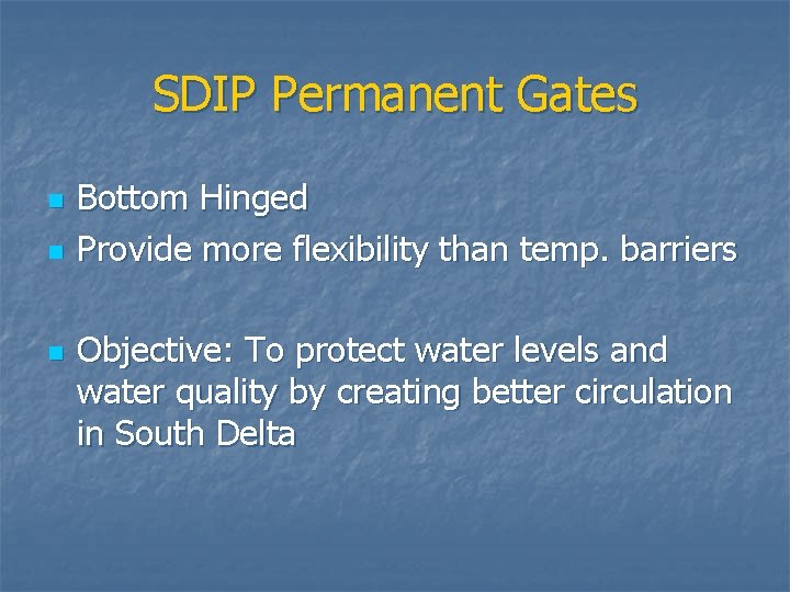 SDIP Permanent Gates n n n Bottom Hinged Provide more flexibility than temp. barriers