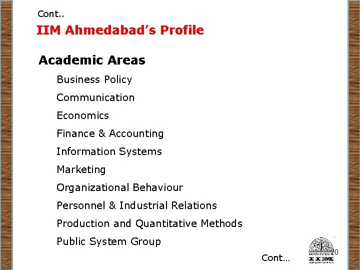 Cont. . IIM Ahmedabad’s Profile Academic Areas Business Policy Communication Economics Finance & Accounting