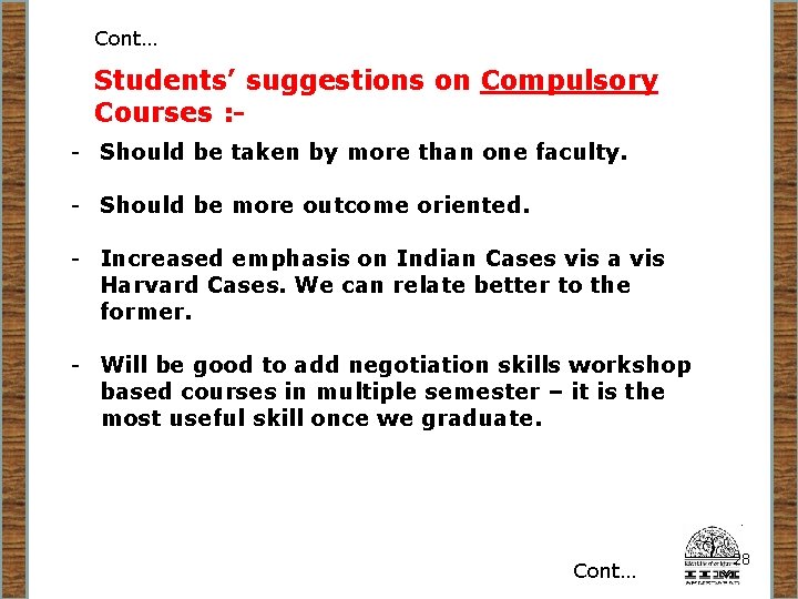 Cont… Students’ suggestions on Compulsory Courses : - - Should be taken by more