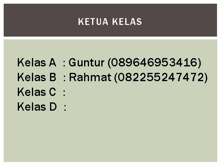 KETUA KELAS Kelas A Kelas B Kelas C Kelas D : Guntur (089646953416) :