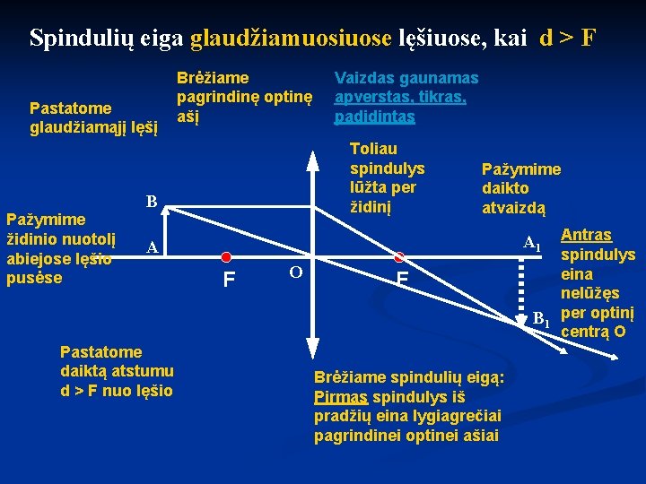 Spindulių eiga glaudžiamuosiuose lęšiuose, kai d > F Pastatome glaudžiamąjį lęšį Brėžiame pagrindinę optinę