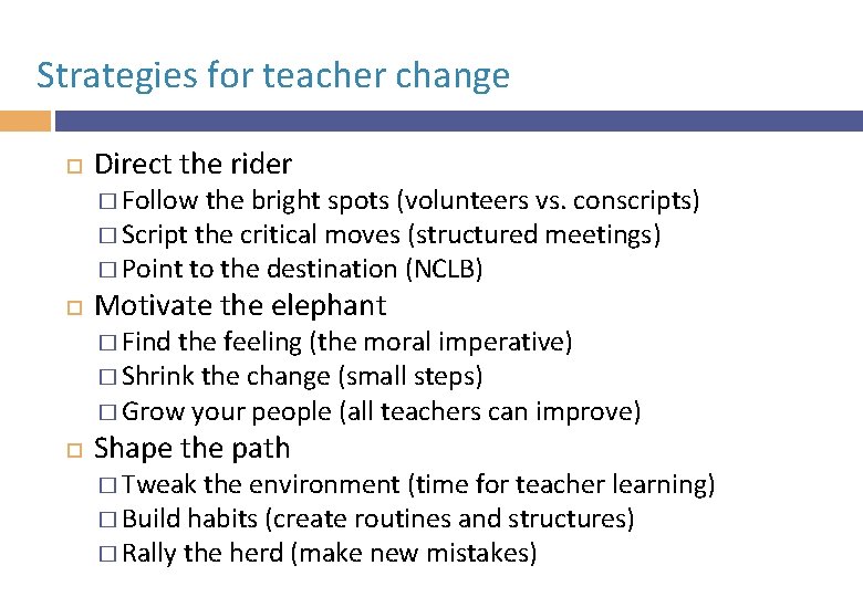 Strategies for teacher change Direct the rider � Follow the bright spots (volunteers vs.