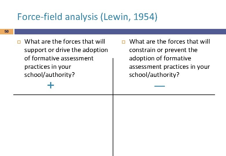 Force-field analysis (Lewin, 1954) 50 What are the forces that will support or drive