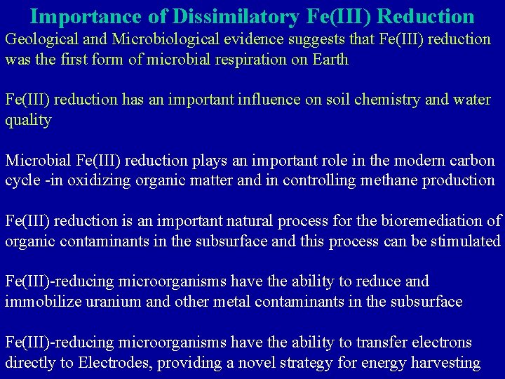 Importance of Dissimilatory Fe(III) Reduction Geological and Microbiological evidence suggests that Fe(III) reduction was