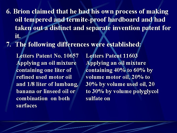 6. Brion claimed that he had his own process of making oil tempered and