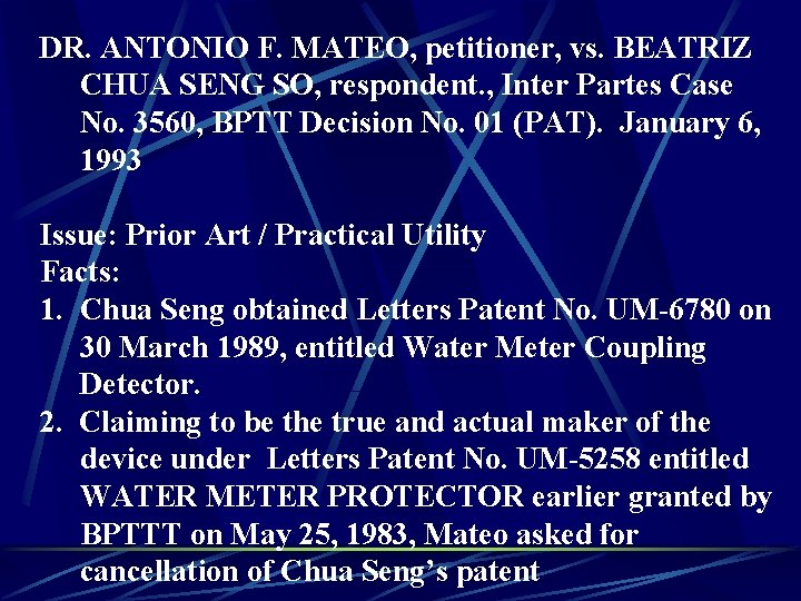 DR. ANTONIO F. MATEO, petitioner, vs. BEATRIZ CHUA SENG SO, respondent. , Inter Partes