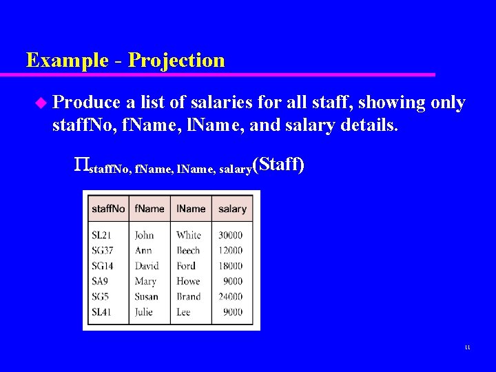 Example - Projection u Produce a list of salaries for all staff, showing only