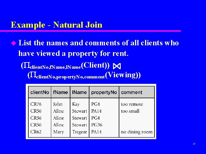 Example - Natural Join u List the names and comments of all clients who