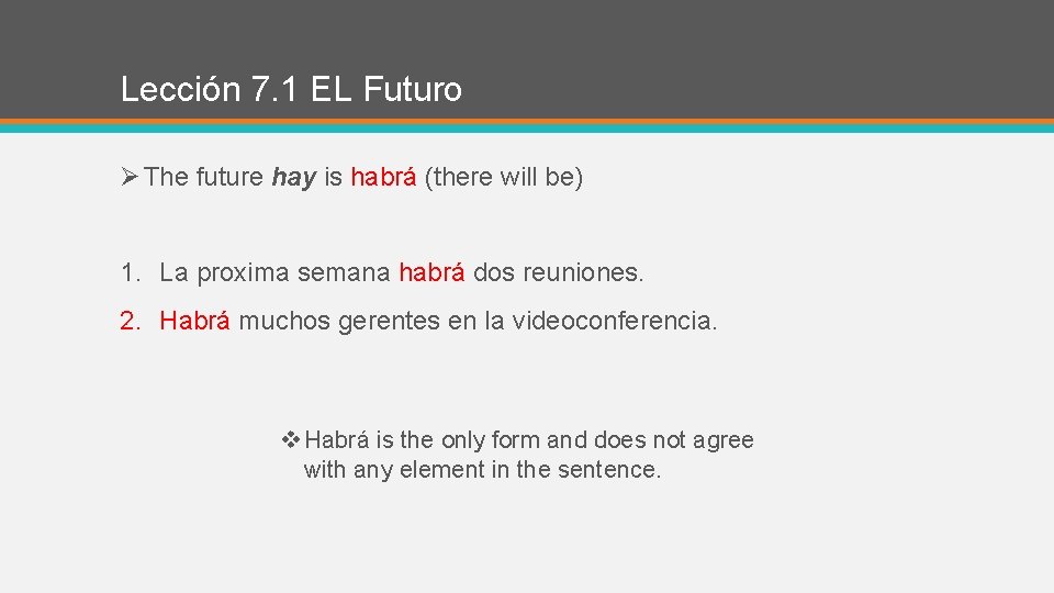 Lección 7. 1 EL Futuro Ø The future hay is habrá (there will be)