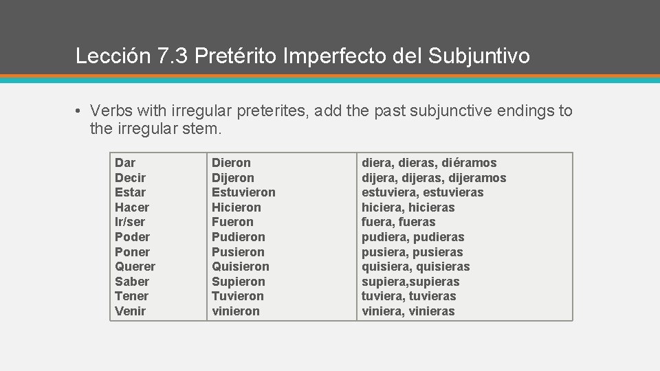 Lección 7. 3 Pretérito Imperfecto del Subjuntivo • Verbs with irregular preterites, add the