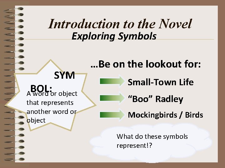 Introduction to the Novel Exploring Symbols SYM ABOL: word or object that represents another