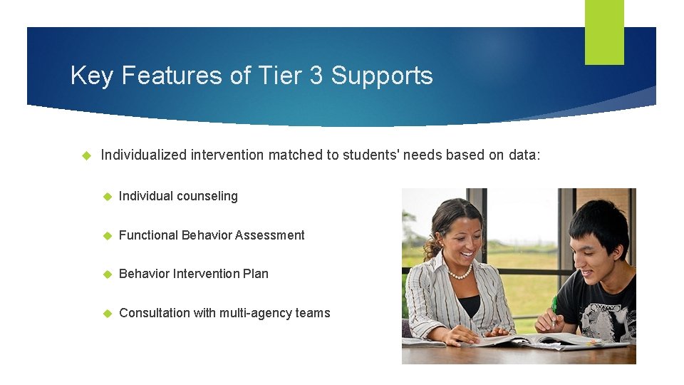 Key Features of Tier 3 Supports Individualized intervention matched to students' needs based on