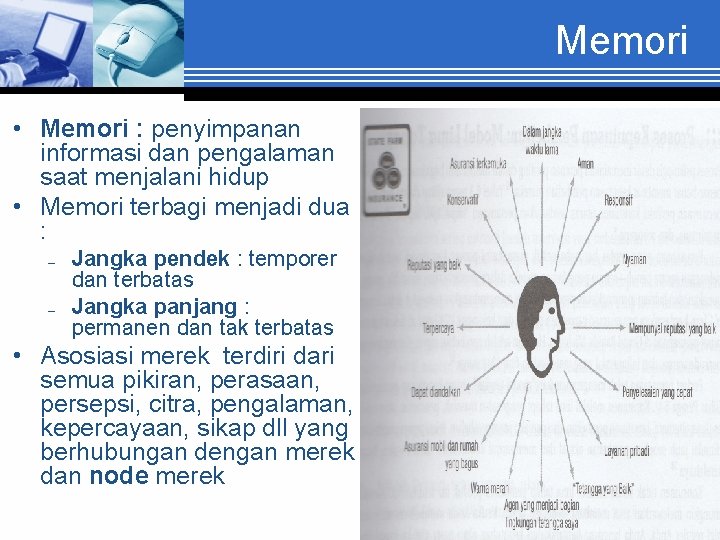 Memori • Memori : penyimpanan informasi dan pengalaman saat menjalani hidup • Memori terbagi