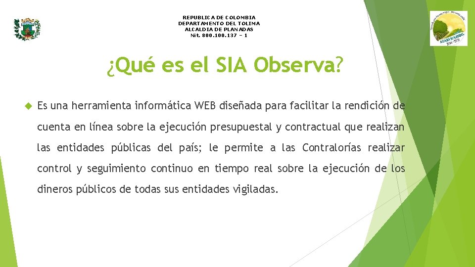 REPUBLICA DE COLOMBIA DEPARTAMENTO DEL TOLIMA ALCALDIA DE PLANADAS Nit. 800. 137 – 1