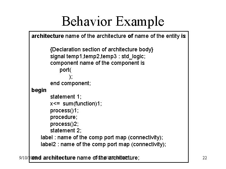 Behavior Example architecture name of the architecture of name of the entity is {Declaration