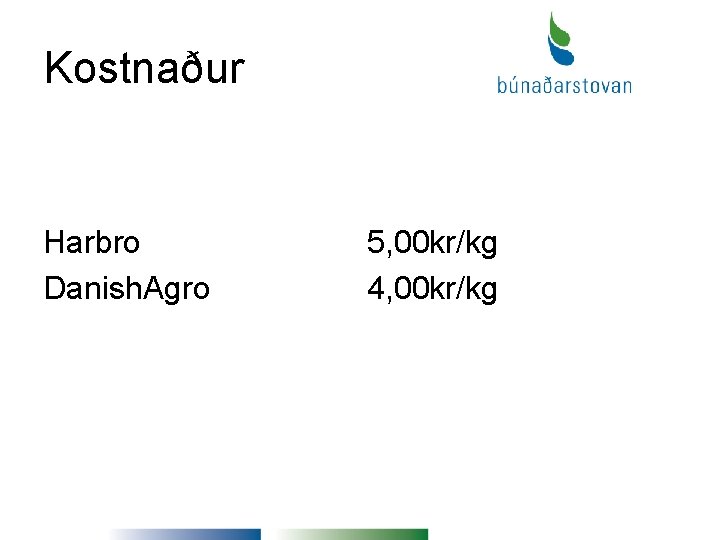 Kostnaður Harbro Danish. Agro 5, 00 kr/kg 4, 00 kr/kg 