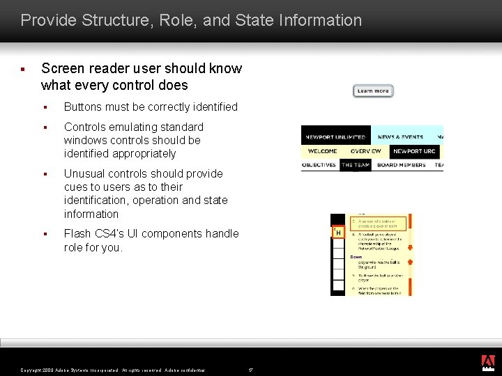 Provide Structure, Role, and State Information § Screen reader user should know what every