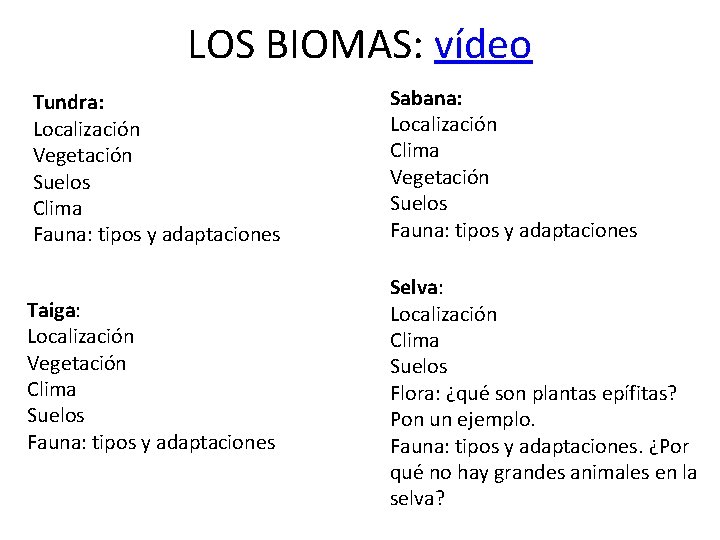 LOS BIOMAS: vídeo Tundra: Localización Vegetación Suelos Clima Fauna: tipos y adaptaciones Taiga: Localización