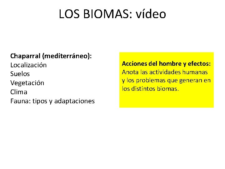 LOS BIOMAS: vídeo Chaparral (mediterráneo): Localización Suelos Vegetación Clima Fauna: tipos y adaptaciones Acciones