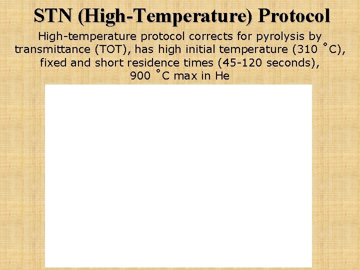 STN (High-Temperature) Protocol High-temperature protocol corrects for pyrolysis by transmittance (TOT), has high initial