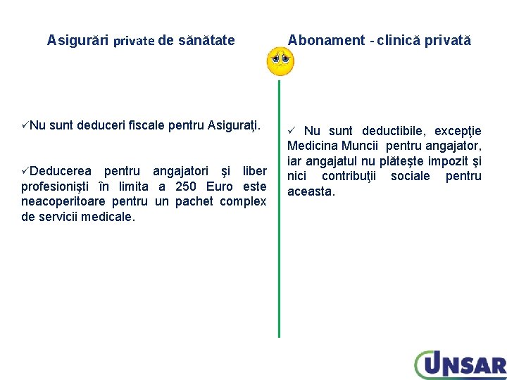 üNu Asigurări private de sănătate Abonament - clinică privată sunt deduceri fiscale pentru Asiguraţi. üNu Asigurări private de sănătate Abonament - clinică privată sunt deduceri fiscale pentru Asiguraţi.