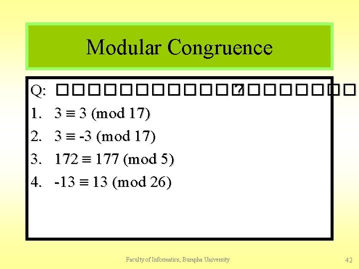 Modular Congruence Q: 1. 2. 3. 4. ���������� ? 3 3 (mod 17) 3