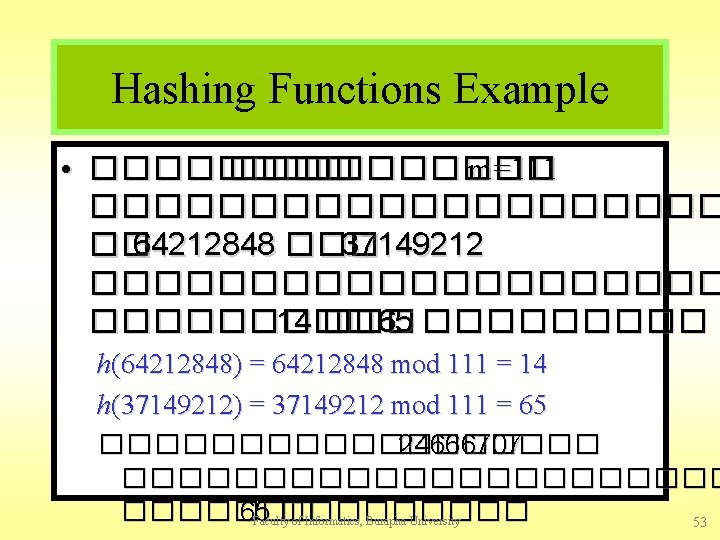 Hashing Functions Example • �������� m=111 ���������� �� 64212848 ��� 37149212 ���������� 14 ���