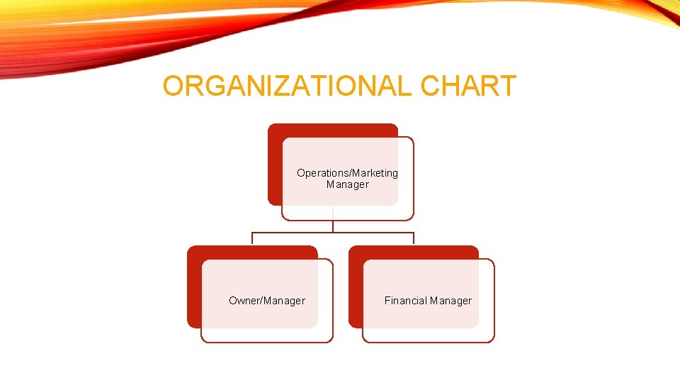 ORGANIZATIONAL CHART Operations/Marketing Manager Owner/Manager Financial Manager 