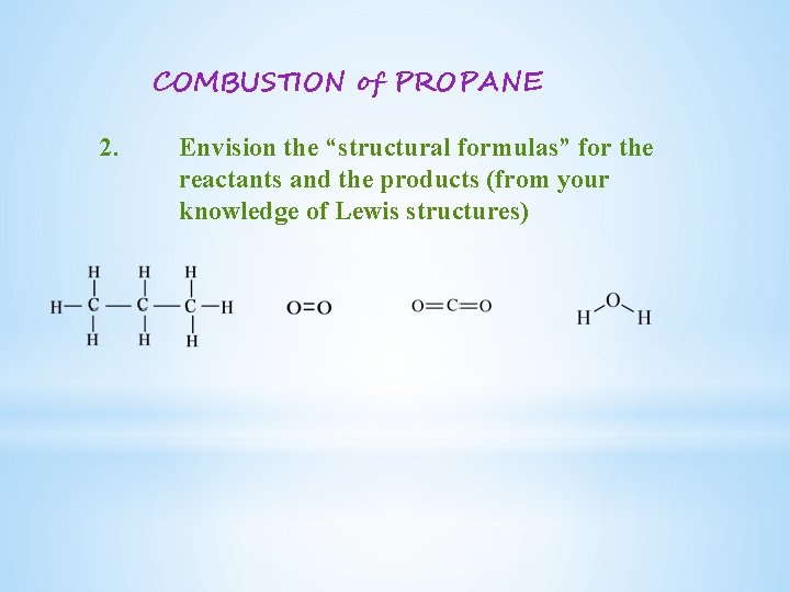 COMBUSTION of PROPANE 2. Envision the “structural formulas” for the reactants and the products