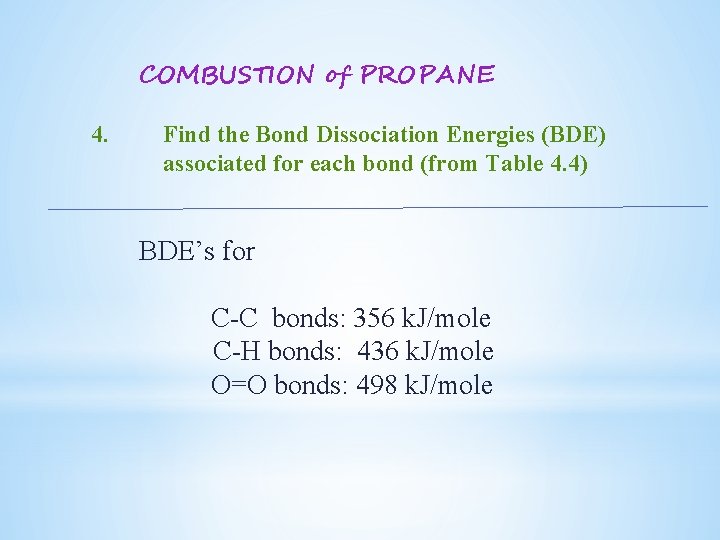 COMBUSTION of PROPANE 4. Find the Bond Dissociation Energies (BDE) associated for each bond