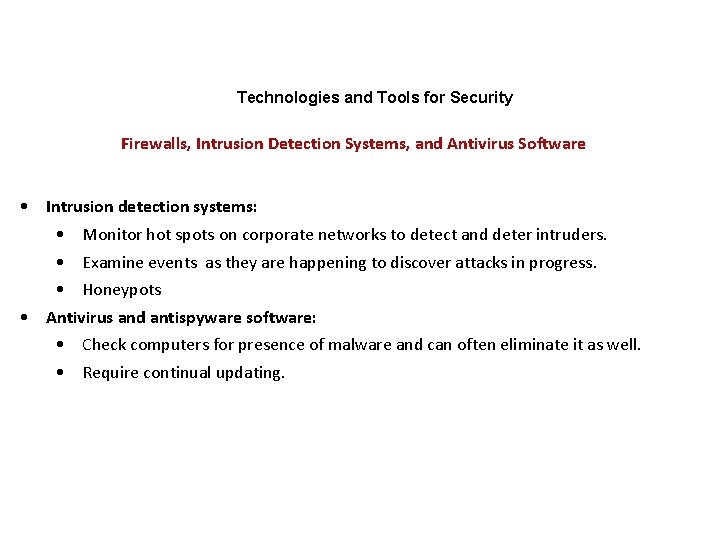 Technologies and Tools for Security Firewalls, Intrusion Detection Systems, and Antivirus Software • Intrusion