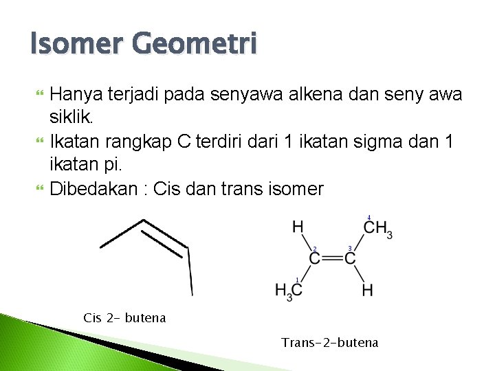 Isomer Geometri Hanya terjadi pada senyawa alkena dan seny awa siklik. Ikatan rangkap C