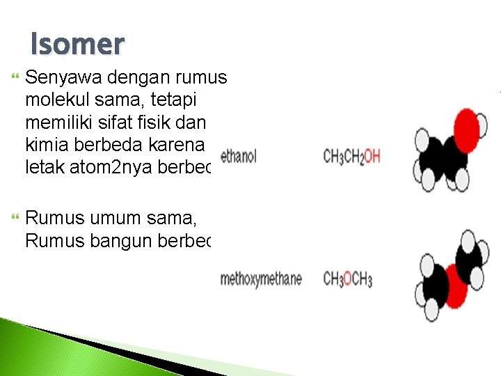 Isomer Senyawa dengan rumus molekul sama, tetapi memiliki sifat fisik dan kimia berbeda karena