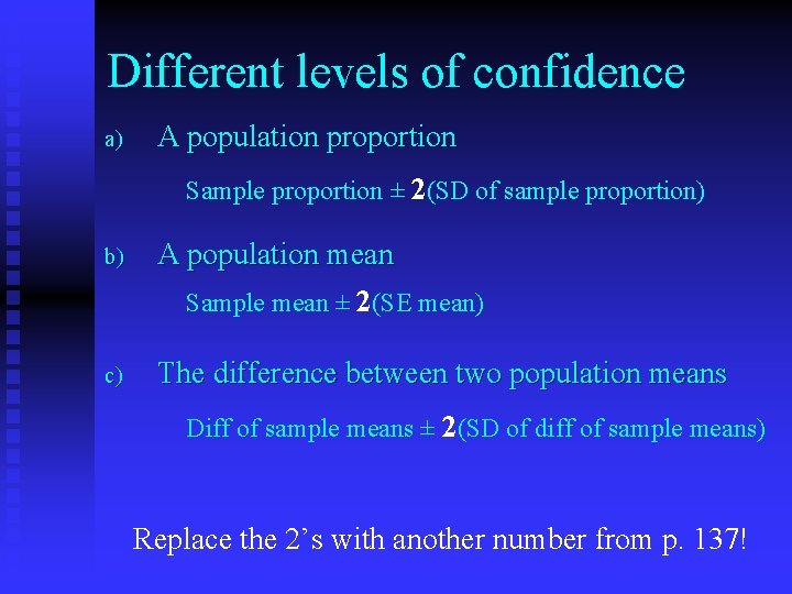 Different levels of confidence a) A population proportion Sample proportion ± 2(SD of sample