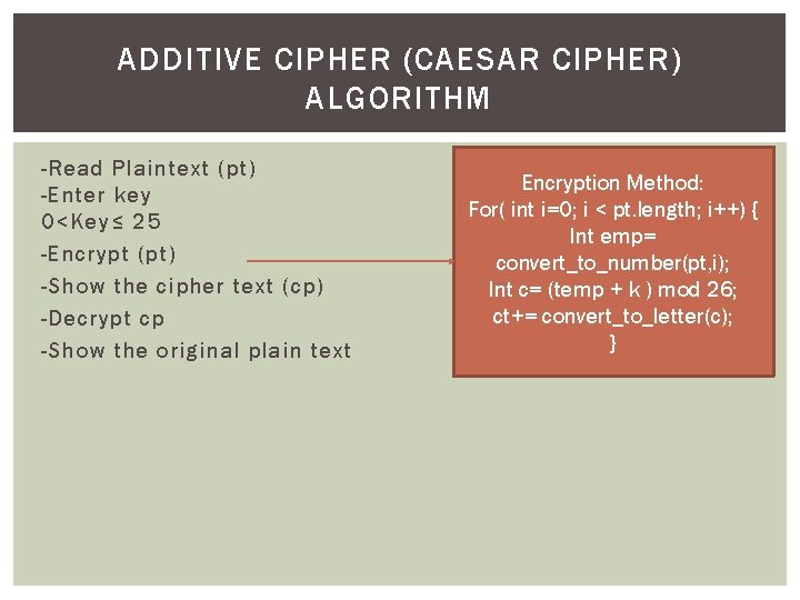 ADDITIVE CIPHER (CAESAR CIPHER) ALGORITHM -Read Plaintext (pt) -Enter key 0<Key≤ 25 -Encrypt (pt)