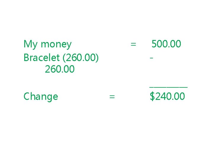 My money Bracelet (260. 00) 260. 00 Change = 500. 00 - = _____
