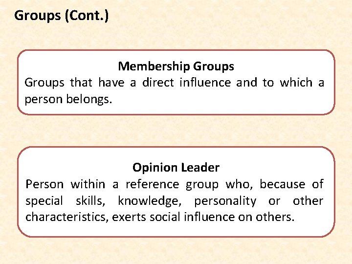 Groups (Cont. ) Membership Groups that have a direct influence and to which a