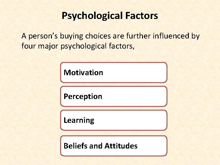 Psychological Factors A person’s buying choices are further influenced by four major psychological factors,