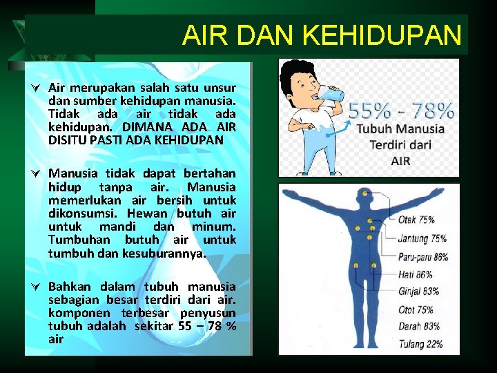 AIR DAN KEHIDUPAN Ú Air merupakan salah satu unsur dan sumber kehidupan manusia. Tidak